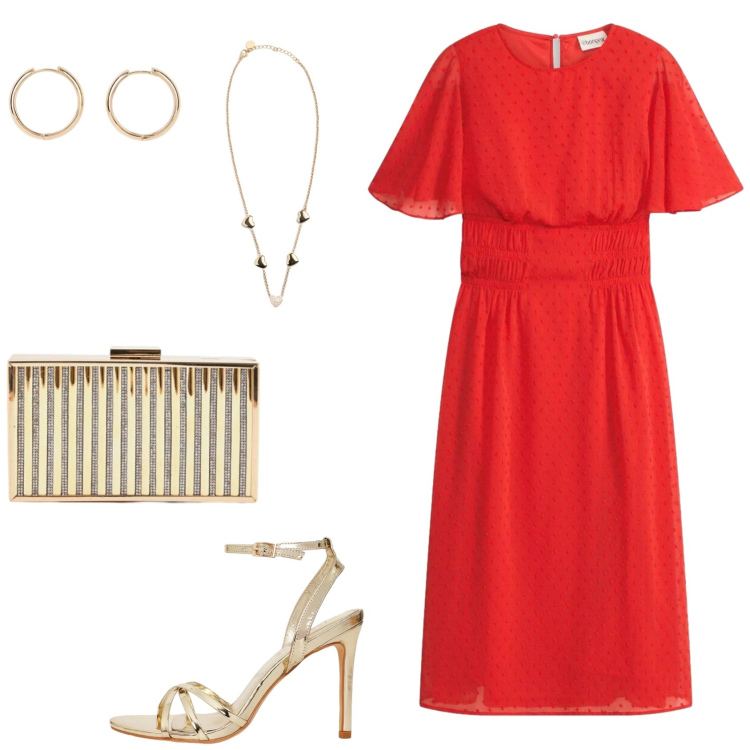 Outfit donna - L\'abito midi da cerimonia. Stile Glamour per Cerimonia. Abbinamento con vestiti midi/longuette, orecchini, sandali col tacco, clutch, collane.