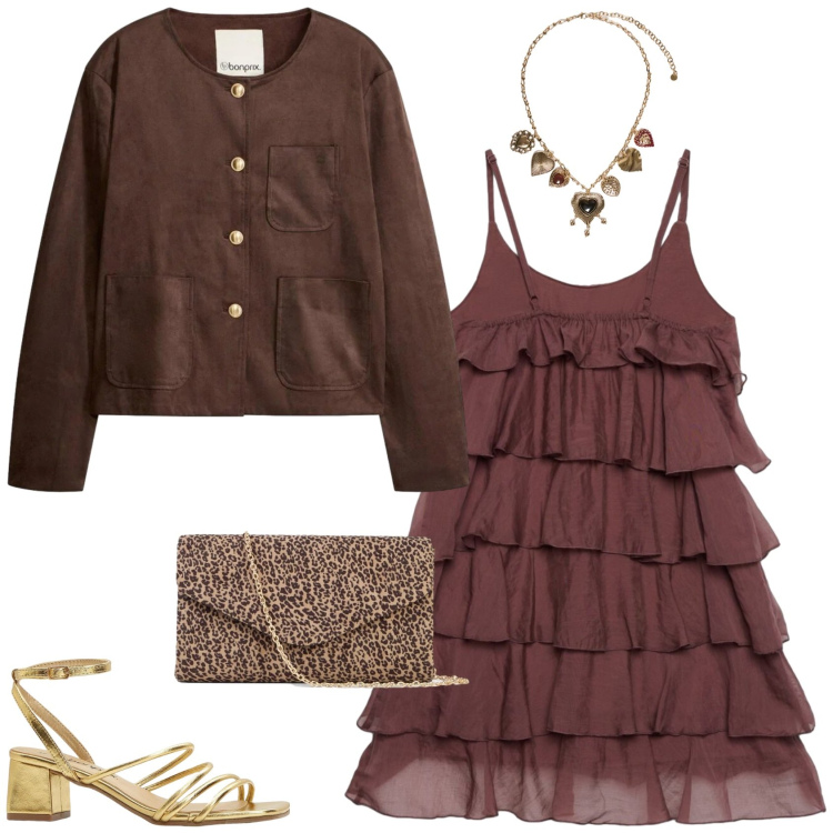 Outfit donna - L\'abitino a balze. Stile Trendy per Serata fuori. Abbinamento con blazer, clutch, sandali col tacco, vestiti corti, collane.