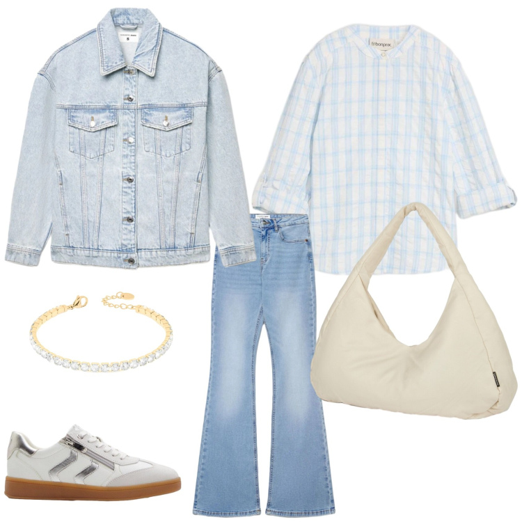 Outfit donna - Il Denim protagonista. Stile Casual per Tutti i giorni. Abbinamento con bluse, sneakers, jeans a zampa, cappotti, braccialetti, borse a spalla.