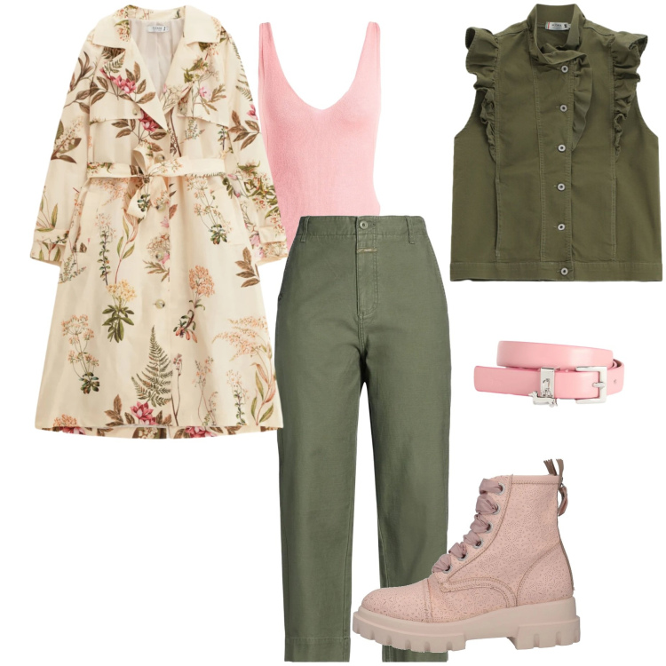 Outfit donna - Primavera chiara. Stile Casual per Tutti i giorni. Abbinamento con pantaloni, stivaletti, body, gilet, trench, cinture.
