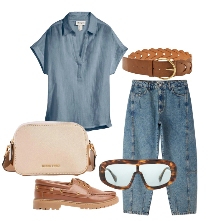 Outfit donna - Aprile. Stile Casual per Tutti i giorni. Abbinamento con bluse, mocassini, borse a tracolla, cinture, jeans, occhiali da sole.