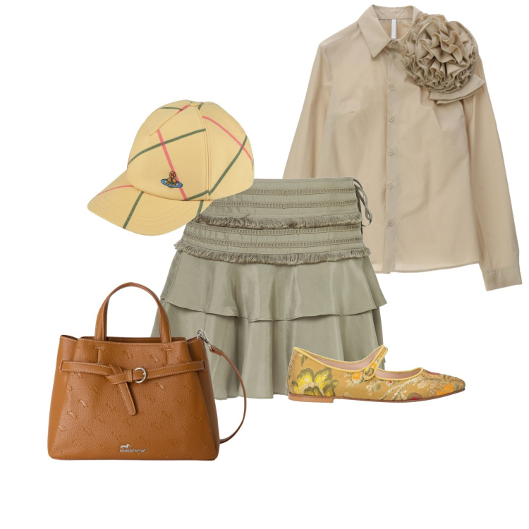 Outfit donna - Total look #2383057. Stile Casual chic per Tutti i giorni. Abbinamento con ballerine, minigonne, cappelli con visiera, camicie, borse a mano.