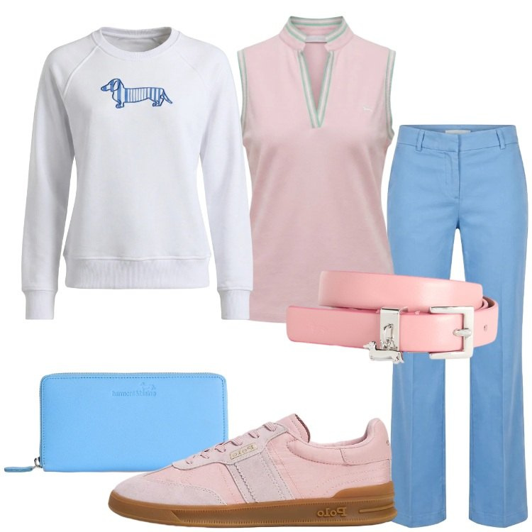 Outfit donna - Sorbetto Mood - Harmont & Blaine. Stile Preppy per Scuola/Università. Abbinamento con cinture, felpe, portafogli, polo, pantaloni, sneakers.