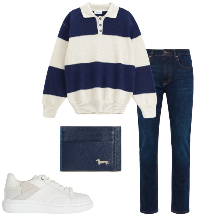 Outfit uomo - Maglia rigata. Stile Casual per Tutti i giorni. Abbinamento con maglieria, sneakers, portafogli, jeans.