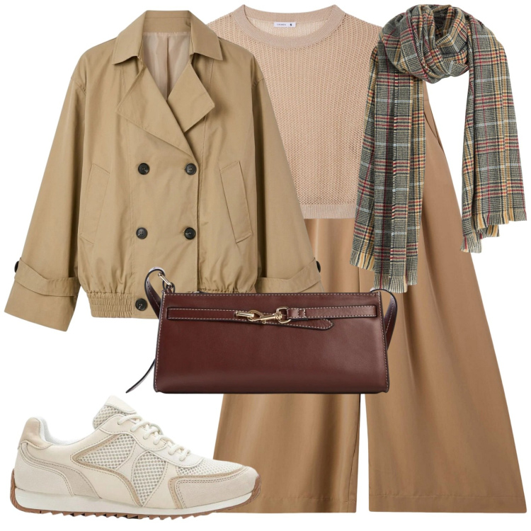 Outfit donna - Pioggia primaverile. Stile Casual chic per Ufficio. Abbinamento con sciarpe, sneakers alte, borse a tracolla, maglieria, pantaloni, trench.