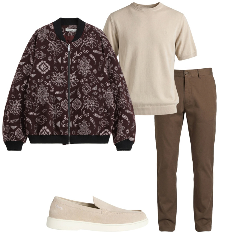 Outfit uomo - Aprile piovoso. Stile Urban per Tutti i giorni. Abbinamento con bomber, scarpe stringate, pantaloni, t-shirt.