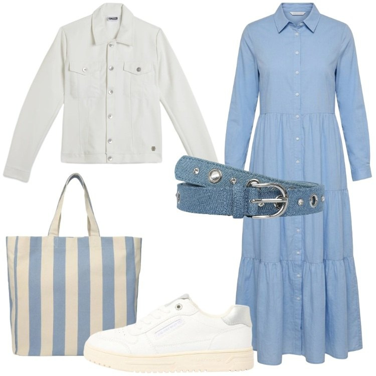 Outfit donna - Il vestito chemisier primaverile. Stile Basic per Scuola/Università. Abbinamento con sneakers, vestiti chemisier, cinture, shopping bag, giacche.