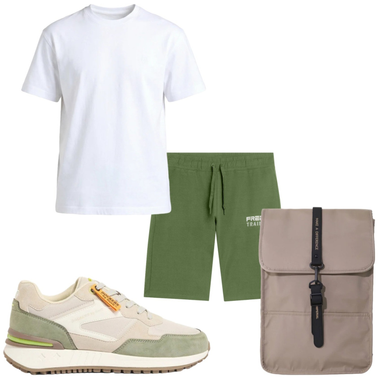 Outfit uomo - Partenza.... via. Stile Casual per Tutti i giorni. Abbinamento con sneakers, borse sportive, t-shirt, bermuda.