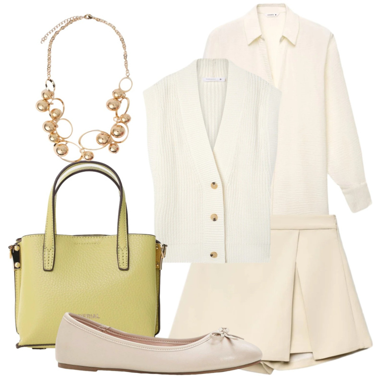 Outfit donna - Total look panna e intruso. Stile Bon Ton per Ufficio. Abbinamento con ballerine, gonne, gilet, camicie, borse a tracolla, collane.