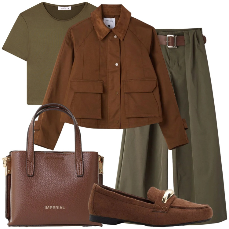 Outfit donna - Verde militare. Stile Military per Tutti i giorni. Abbinamento con mocassini, cappotti, pantaloni, t-shirt, borse a tracolla.