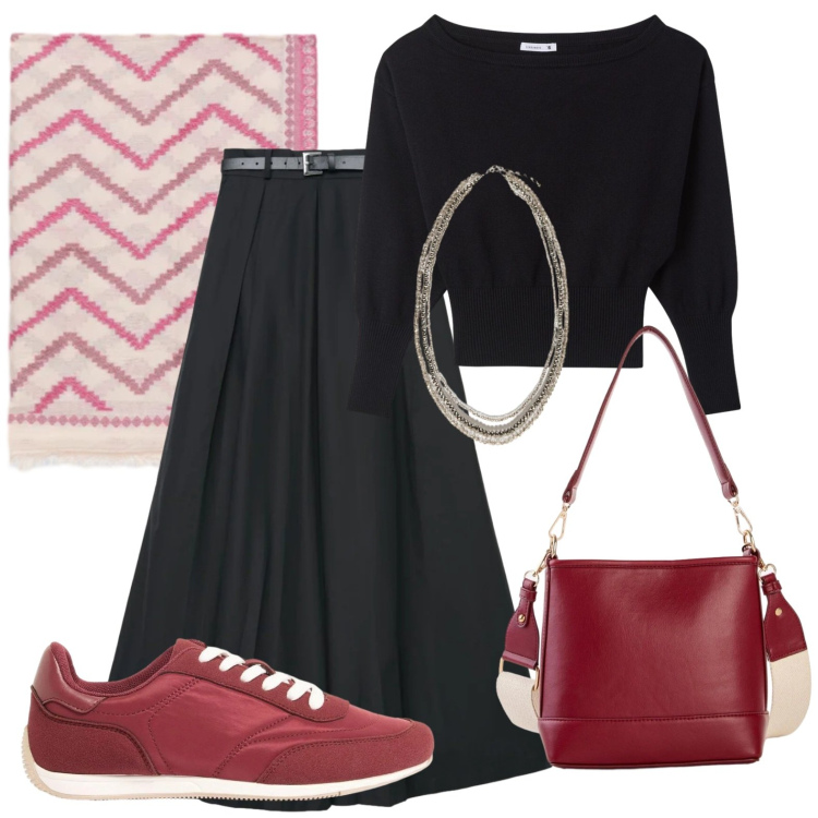 Outfit donna - Bordeaux. Stile Urban per Tutti i giorni. Abbinamento con borse a tracolla, sneakers, pullovers, pantaloni, foulard, collane.