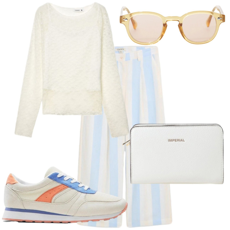 Outfit donna - Sneakers colorate. Stile Casual chic per Ufficio. Abbinamento con sneakers, pantaloni a palazzo, t-shirt, occhiali da sole, borse a tracolla.