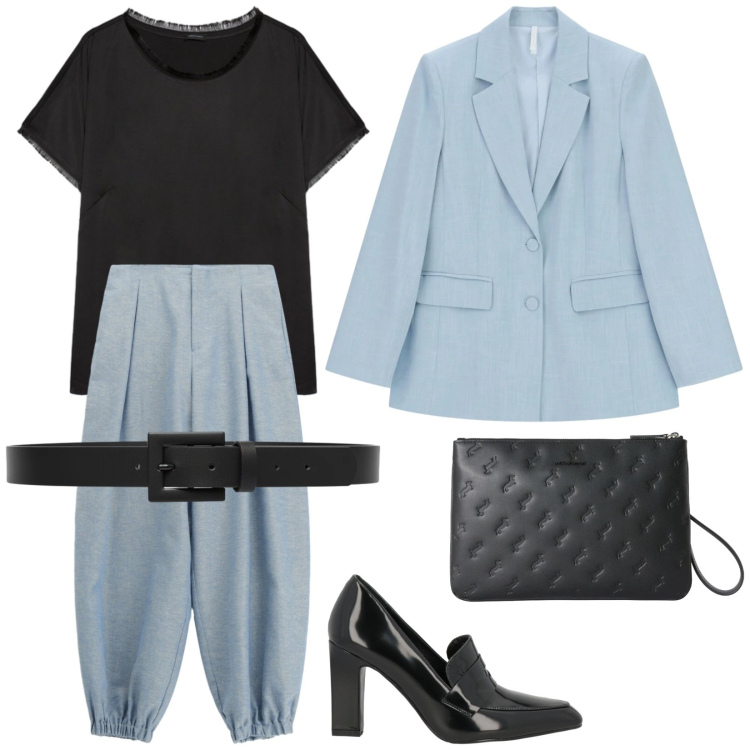 Outfit donna - Effortless. Stile Casual chic per Ufficio. Abbinamento con mocassini, anelli, t-shirt, pantaloni, blazer, cinture.