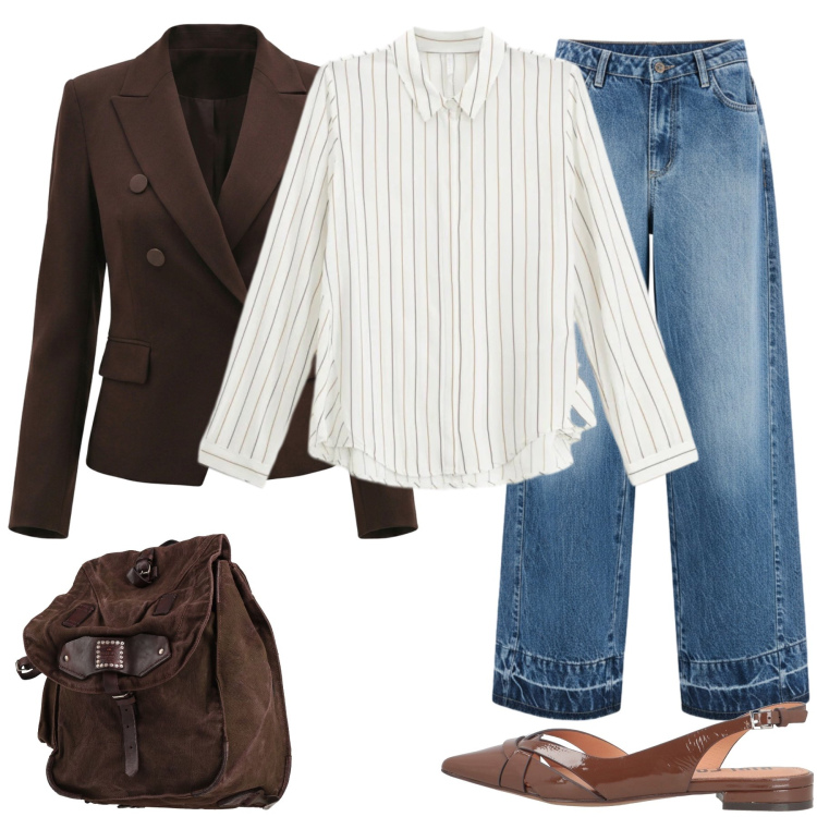 Outfit donna - Business decontracté. Stile Trendy per Scuola/Università. Abbinamento con zaini, ballerine, camicie, jeans dritti, blazer.