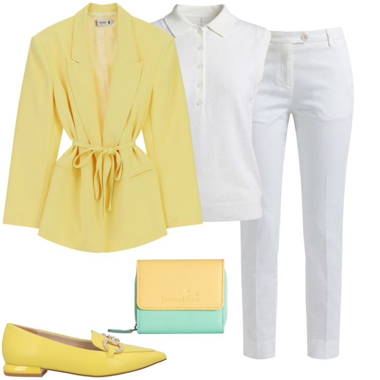 Outfit donna - Raggio di Sole ️. Stile Chic per Tutti i giorni. Abbinamento con mocassini, blazer, portafogli, polo, pantaloni.