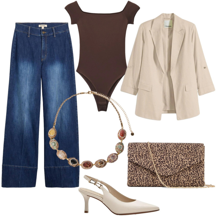 Outfit donna - Un po\' casual un po\' glamour. Stile Glamour per Tutti i giorni. Abbinamento con décolleté, blazer, jeans, clutch, top, collane.