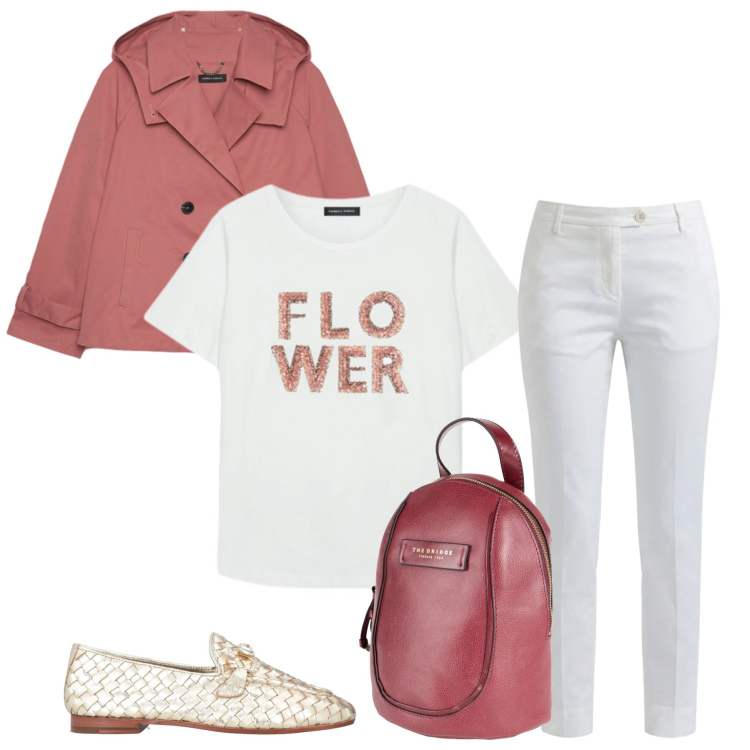 Outfit donna - Eleganza Casual in Rosa e Oro. Stile Casual chic per Tutti i giorni. Abbinamento con mocassini, zaini, t-shirt, trench, pantaloni.