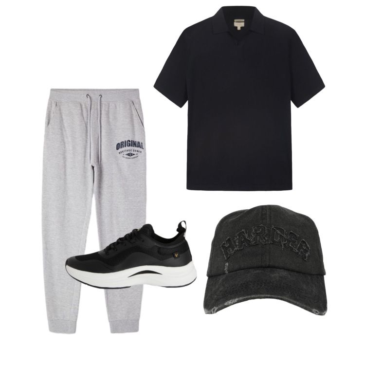 Outfit uomo - Aprile. Stile Casual per Sport. Abbinamento con pantaloni, cappelli con visiera, sneakers, polo.
