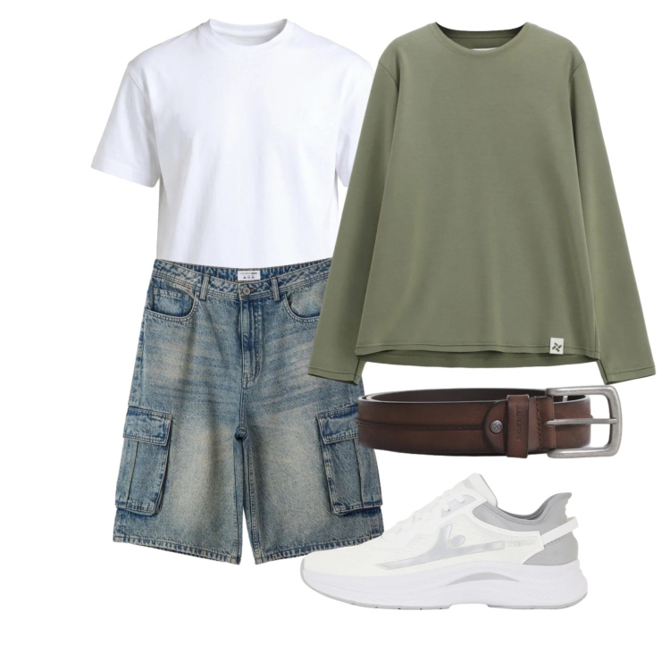 Outfit uomo - Aprile. Stile Casual per Tutti i giorni. Abbinamento con pantaloni corti, t-shirt, felpe, cinture, sneakers.