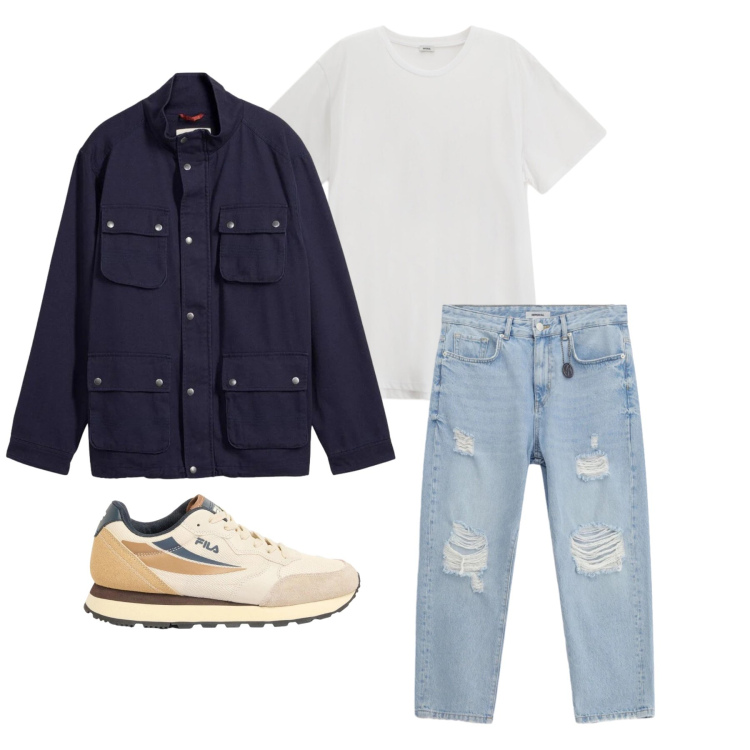 Outfit uomo - Aprile. Stile Casual per Tutti i giorni. Abbinamento con giacche, sneakers, t-shirt, jeans strappati.