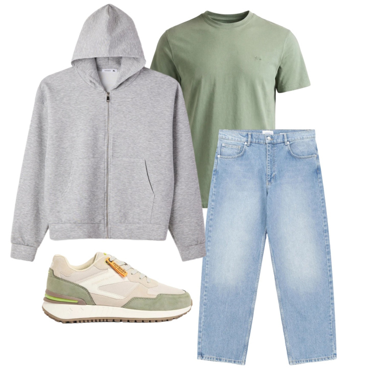 Outfit uomo - Aprile. Stile Casual per Tutti i giorni. Abbinamento con sneakers, felpe con cappuccio, jeans, t-shirt.