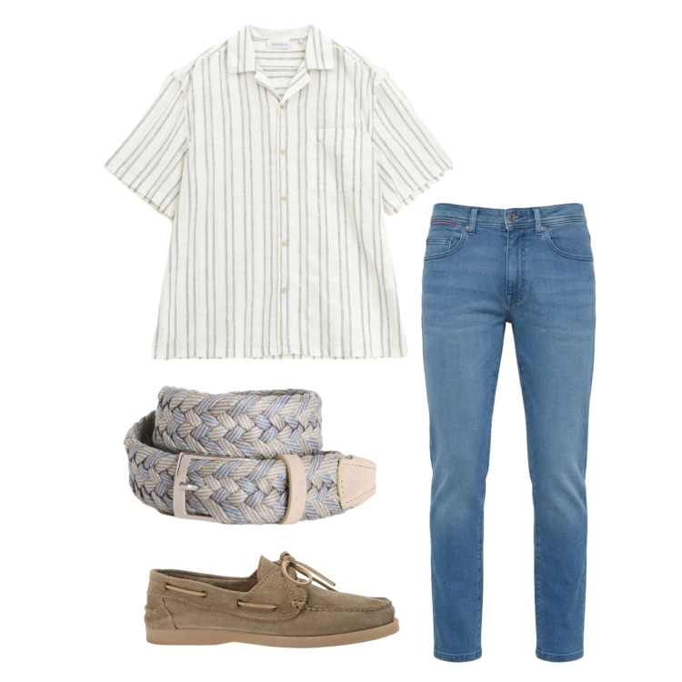 Outfit uomo - Aprile. Stile Trendy per Tutti i giorni. Abbinamento con camicie a manica corta, scarpe stringate, jeans slim fit, cinture.
