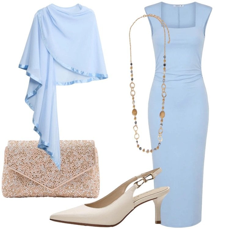 Outfit donna - Occasione: cerimonia. Stile Chic per Cerimonia. Abbinamento con stole, décolleté, vestiti midi/longuette, collane, pochette.