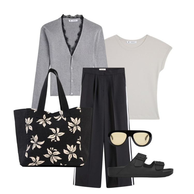 Outfit donna - Confort Sofisticato. Stile Sporty chic per Tutti i giorni. Abbinamento con pantaloni a palazzo, shopping bag, t-shirt, cardigans, ciabatte, occhiali da sole.