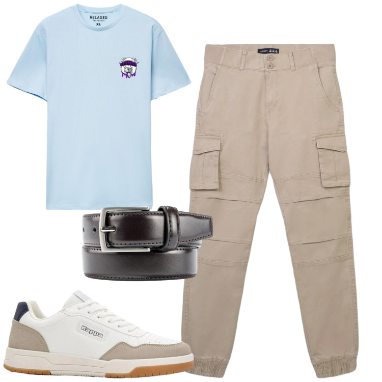 Outfit uomo - City. Stile Casual per Tutti i giorni. Abbinamento con sneakers, pantaloni cargo, t-shirt, cinture.