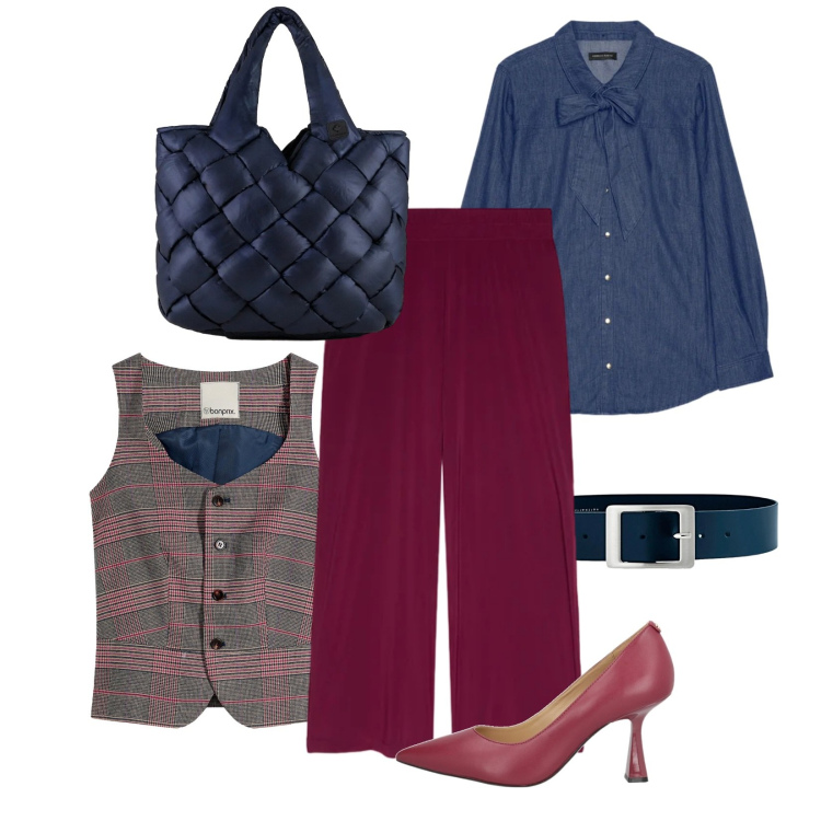 Outfit donna - Total look #2383184. Stile Casual per Ufficio. Abbinamento con décolleté, cinture, gilet, pantaloni, camicie, borse tote.