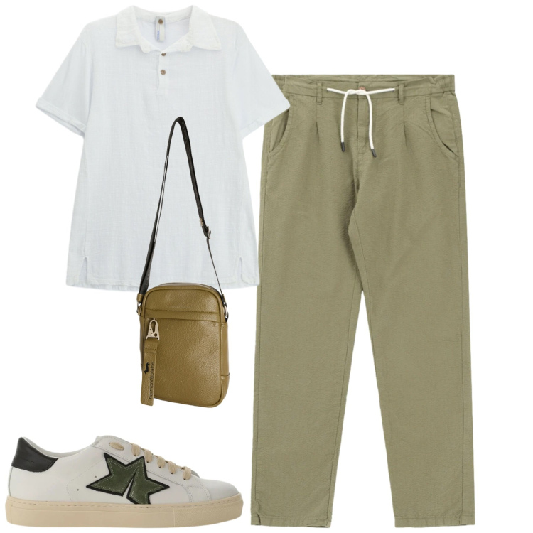 Outfit uomo - City. Stile Urban per Tutti i giorni. Abbinamento con pantaloni, sneakers, polo, borse sportive.
