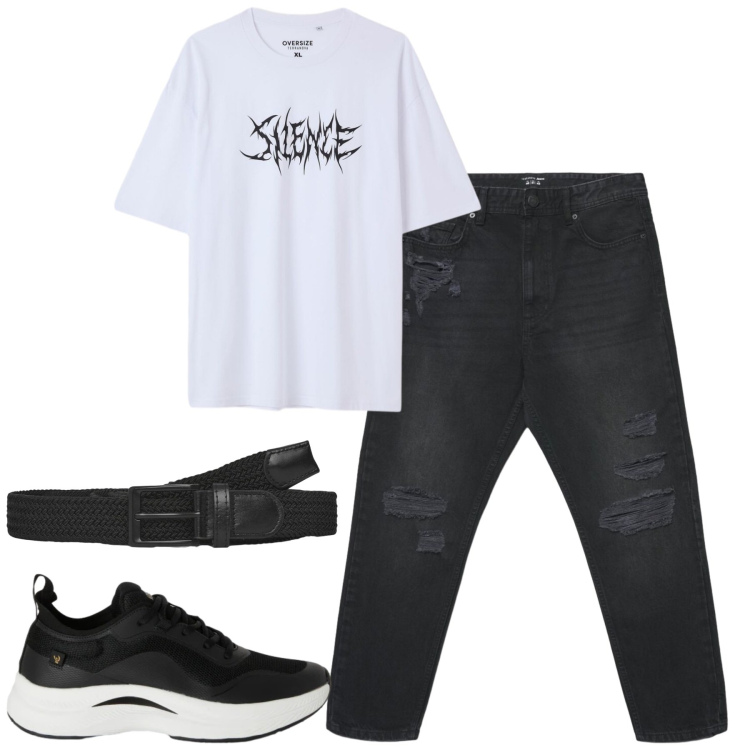 Outfit uomo - Total look #2383189. Stile Casual per Tutti i giorni. Abbinamento con cinture, jeans strappati, t-shirt, sneakers.