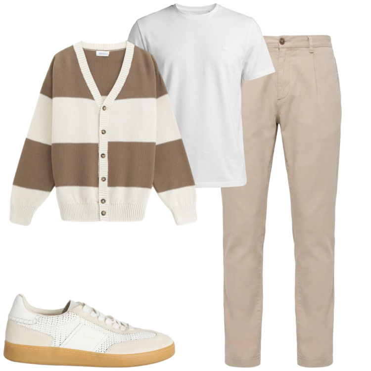 Outfit uomo - Aprile. Stile Urban per Tutti i giorni. Abbinamento con cardigans, t-shirt, sneakers, pantaloni.