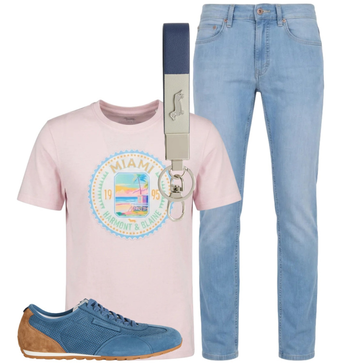 Outfit uomo - Total look #2383197. Stile Urban per Tutti i giorni. Abbinamento con portachiavi, jeans, t-shirt, sneakers.