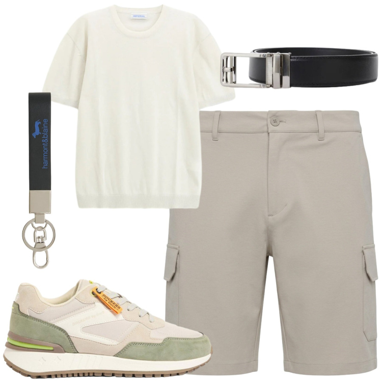 Outfit uomo - Casual curato. Stile Casual per Tutti i giorni. Abbinamento con sneakers, pantaloni corti, portachiavi, cinture, t-shirt.