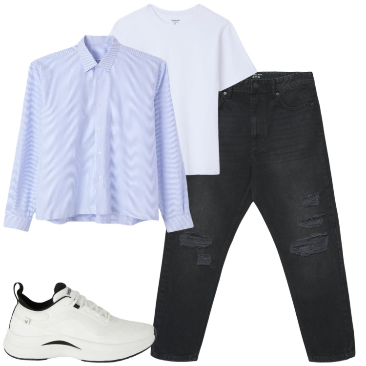 Outfit uomo - City. Stile Urban per Tutti i giorni. Abbinamento con jeans strappati, camicie, t-shirt, sneakers.