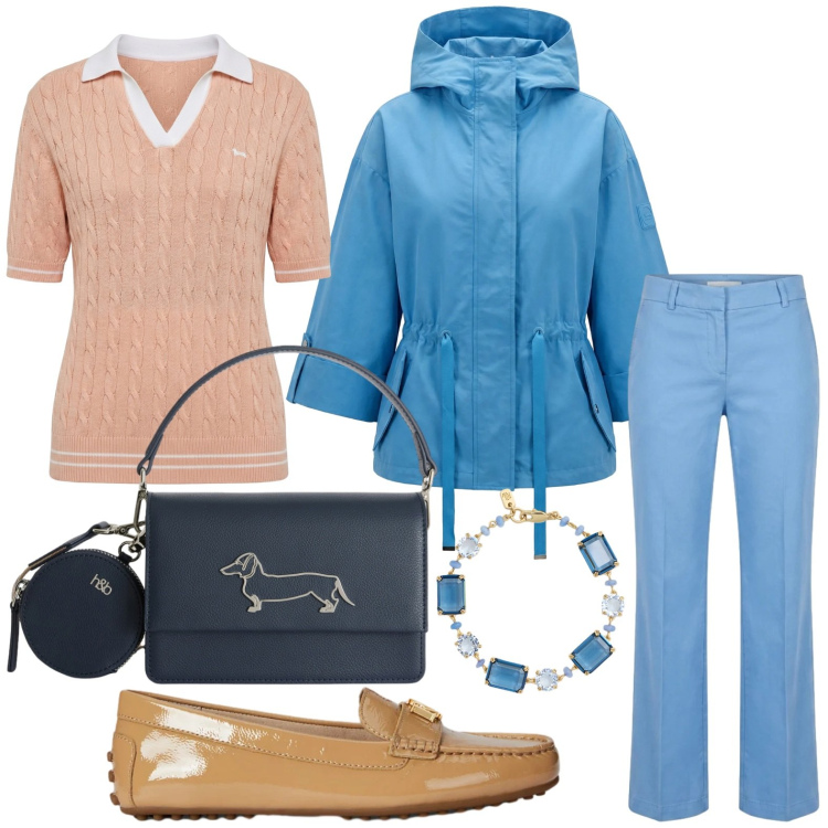 Outfit donna - Sorbetto Mood - Harmont & Blaine. Stile Minimal per Tutti i giorni. Abbinamento con polo, caban, borse a tracolla, pantaloni, mocassini, braccialetti.