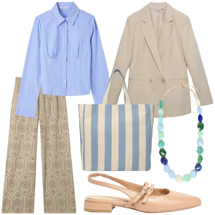 Outfit donna - Primavera chic. Stile Minimal per Tutti i giorni. Abbinamento con ballerine, camicie, blazer, shopping bag, collane, pantaloni.