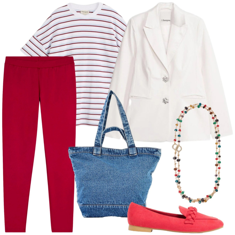 Outfit donna - Spring. Stile Glamour per Tutti i giorni. Abbinamento con t-shirt, blazer, mocassini, shopping bag, collane, leggings.