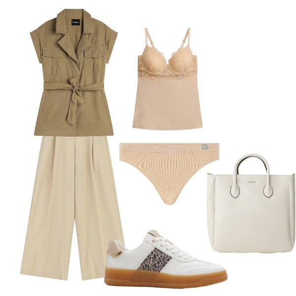 Outfit donna - con stile. Stile Basic per Tutti i giorni. Abbinamento con borse a tracolla, pantaloni a palazzo, perizomi, trench, sneakers, body.