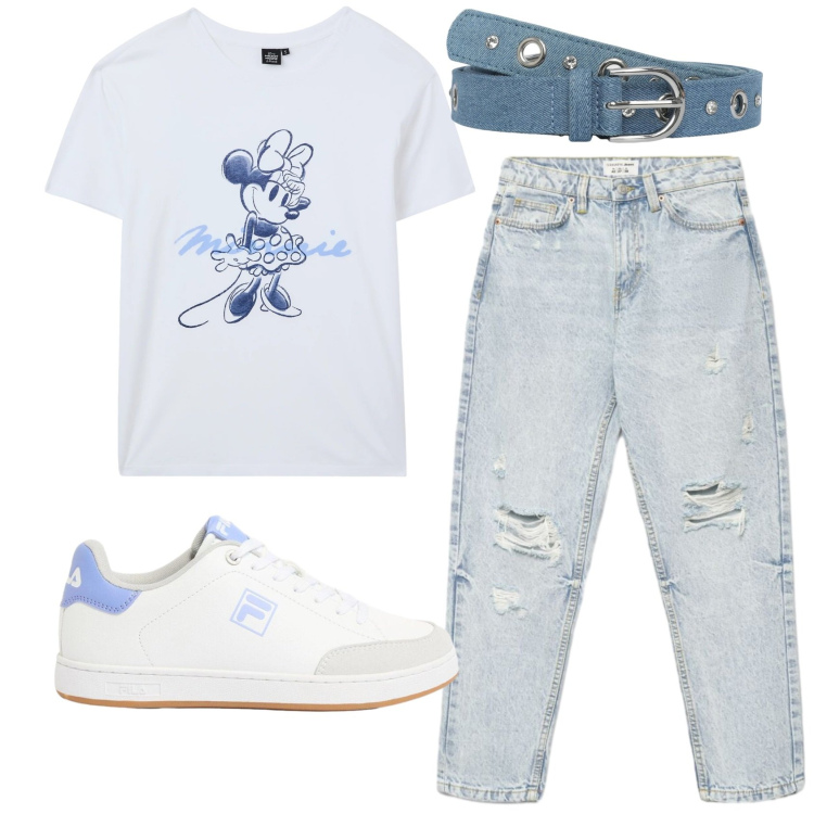 Outfit donna - Total look #2383223. Stile Casual per Scuola/Università. Abbinamento con sneakers, t-shirt, jeans mom, cinture.