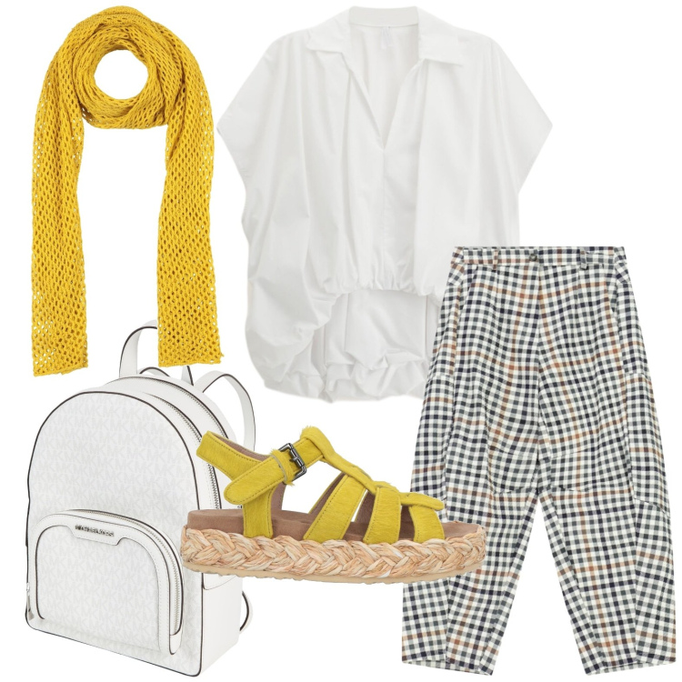 Outfit donna - La camicia wow. Stile Chic per Tutti i giorni. Abbinamento con espadrillas, sciarpe, zaini, pantaloni a palazzo, camicie a manica corta.