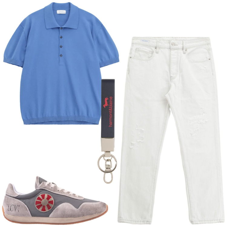 Outfit uomo - City. Stile Casual per Tutti i giorni. Abbinamento con jeans dritti, polo, portachiavi, sneakers.