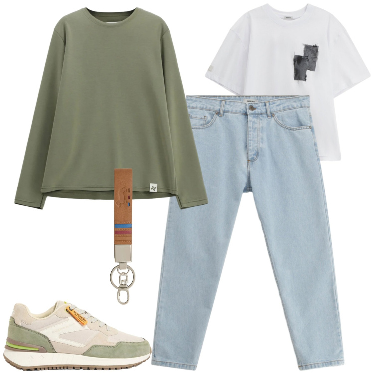Outfit uomo - City. Stile Casual per Tutti i giorni. Abbinamento con sneakers, t-shirt, jeans, felpe, portachiavi.