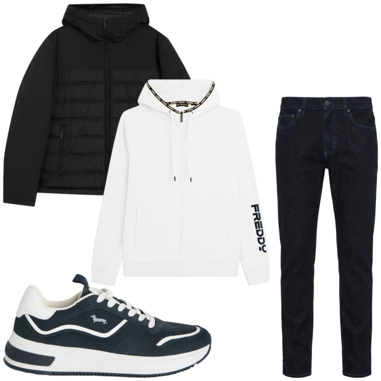 Outfit uomo - Total look #2383246. Stile Urban per Tutti i giorni. Abbinamento con jeans, sneakers, piumini, felpe con cappuccio.