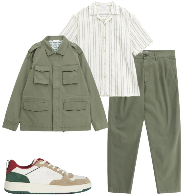 Outfit uomo - Aprile. Stile Casual per Tutti i giorni. Abbinamento con cappotti, pantaloni, camicie a manica corta, sneakers.