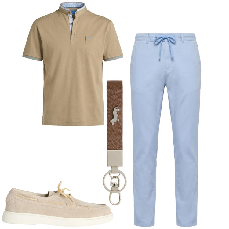 Outfit uomo - City. Stile Urban per Tutti i giorni. Abbinamento con portachiavi, scarpe stringate, polo, pantaloni.