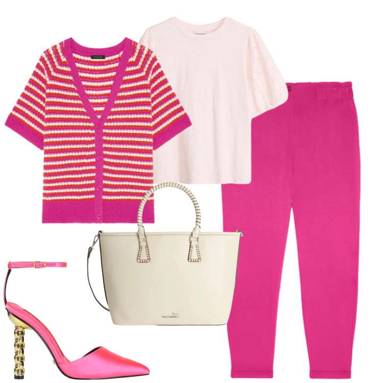 Outfit donna - City. Stile Urban per Tutti i giorni. Abbinamento con décolleté, t-shirt, cardigans, pantaloni, shopping bag.