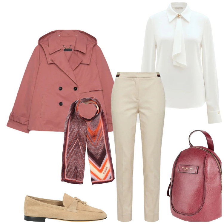 Outfit donna - Total look #2383278. Stile Bon Ton per Ufficio. Abbinamento con sciarpe, zaini, mocassini, pantaloni chino, trench, camicie.