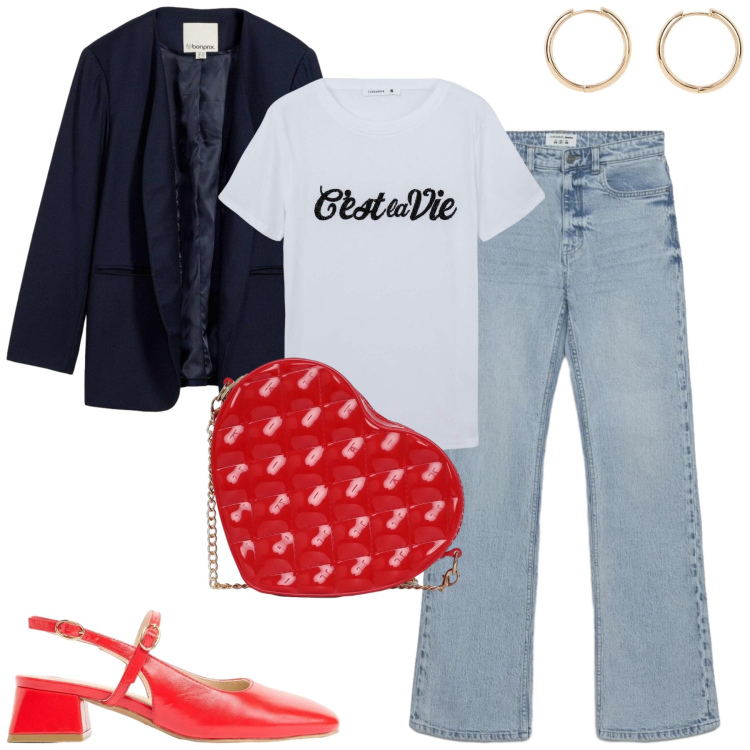 Outfit donna - Spring. Stile Casual chic per Tutti i giorni. Abbinamento con blazer, orecchini, décolleté, jeans bootcut, borse a tracolla, t-shirt.
